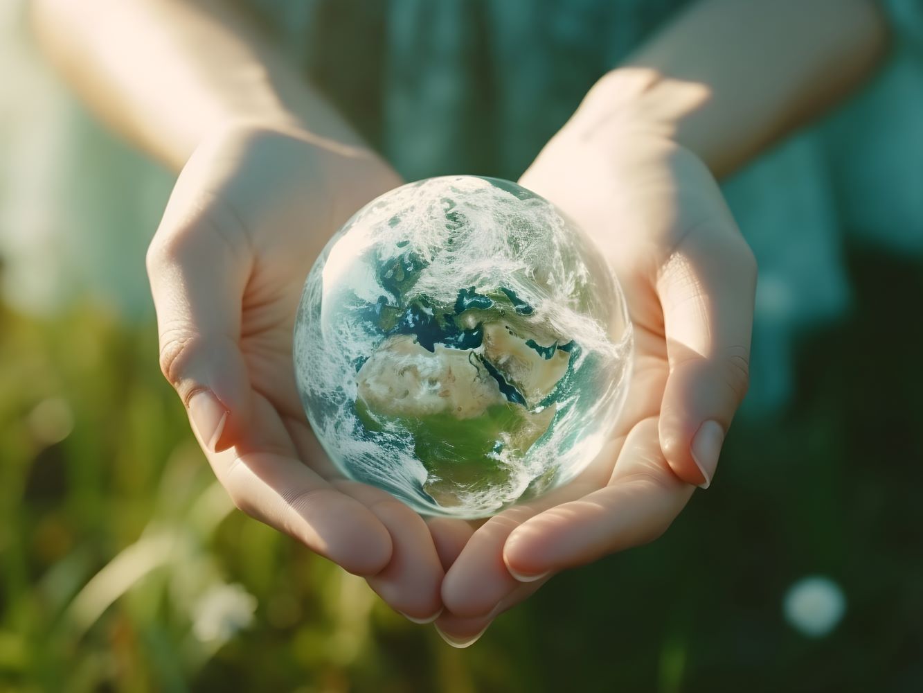 Zu sehen ist: Eine Hand, die eine Weltkugel hält