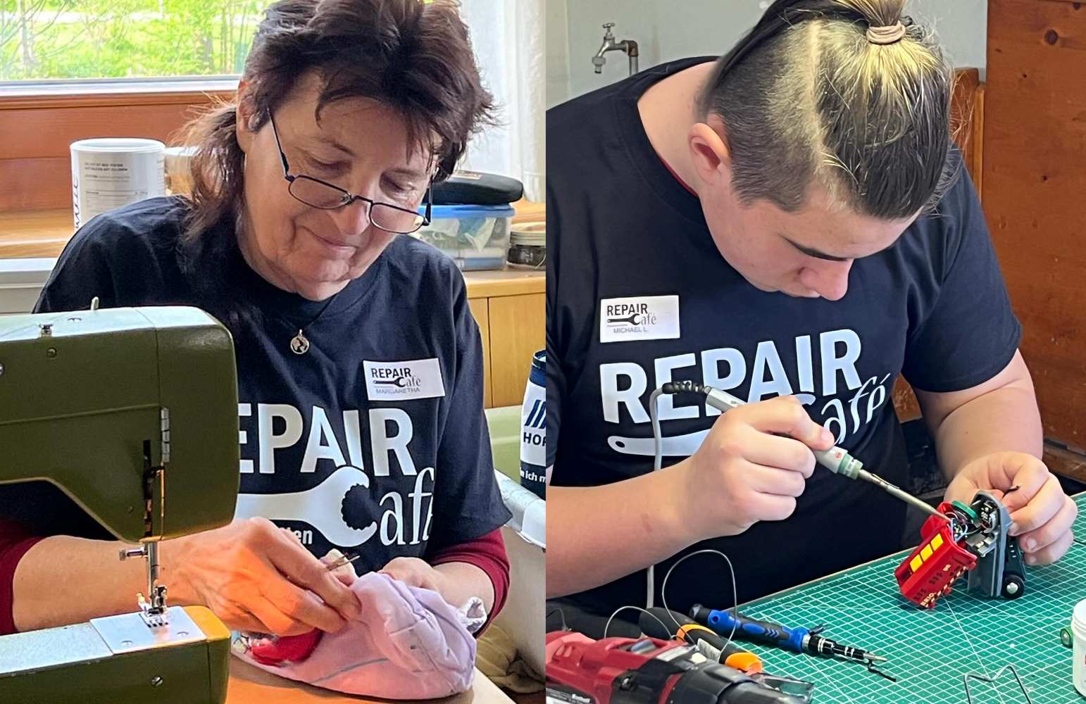 Zu sehen sind: zwei Personen, die in einem Repair Café in Hausmannstätten etwas reparieren